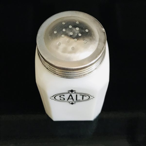 Vintage Large Salt Shaker white milk glass with black print farmhouse decor kitchen display