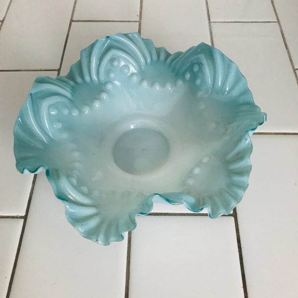Antique bowl light blue ornate blown glass ribbed with pearls pattern collectible candy dish trinket dish display farmhouse cottage