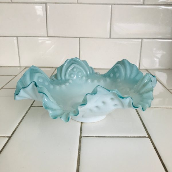 Antique bowl light blue ornate blown glass ribbed with pearls pattern collectible candy dish trinket dish display farmhouse cottage