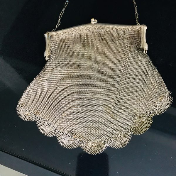 Antique Chain Mesh German Silver small purse with chain strap ornate etched closure tv movie prop collectible display purse scalloped bottom