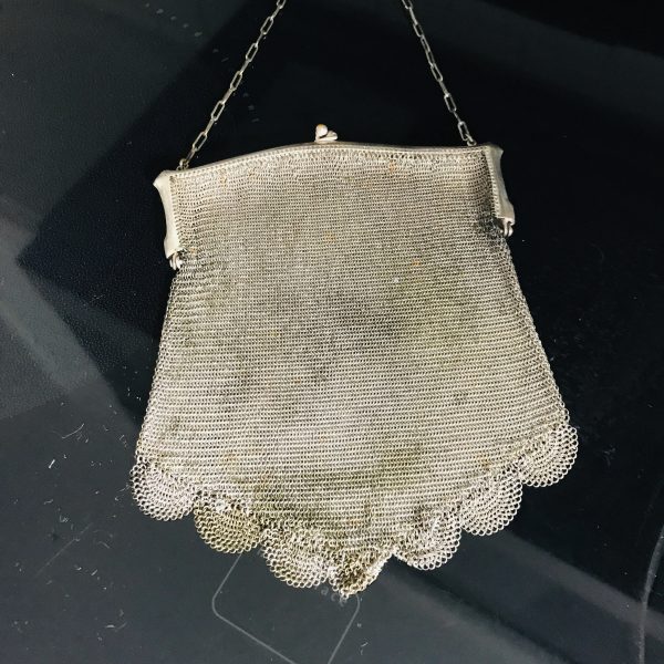 Antique Chain Mesh German Silver small purse with chain strap ornate etched closure tv movie prop collectible display purse scalloped bottom