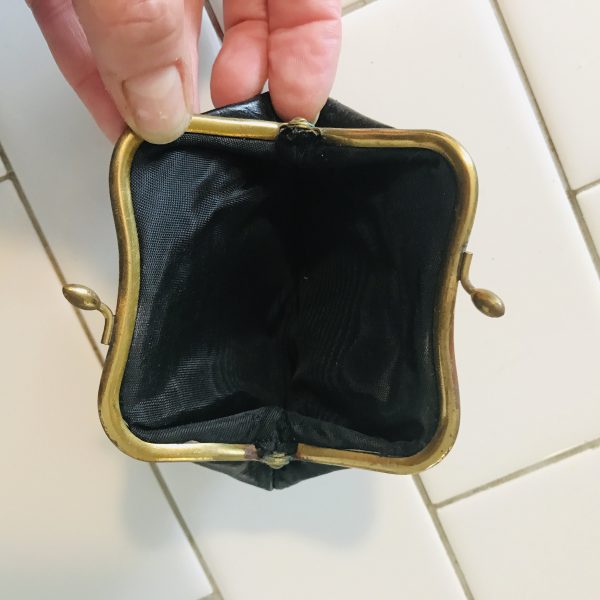 Antique coin purse pouch leather with metal closure 1800's collectible display farmhouse movie theater prop black moire lined