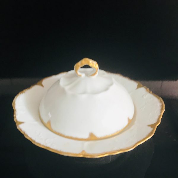 Antique covered dish cheese butter Gold scalloped rim Austria Germany farmhouse collectible white heavy gold display fine bone china