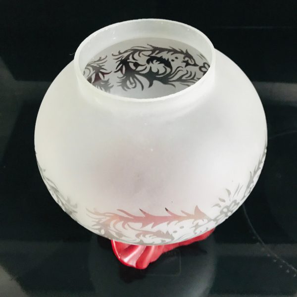 Antique Gone with the wind Lamp Shade wtih cranberry ruffle top frosted with etching 4" bottom rim 9 1/2" tall floral etching