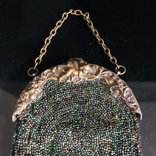 Antique Purse hand beaded Kiss lock closure top handle tv movie prop collectible display Victorian hand made cherub on closure pat. 7/2/01
