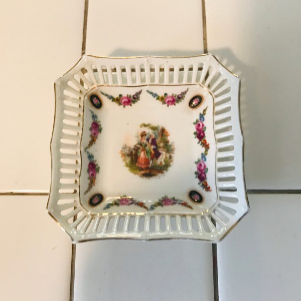 Antique trinket dish Schumann Germany courting couple Rose drapes reticulated Soap trinket pin dish farmhouse display collectible bone china