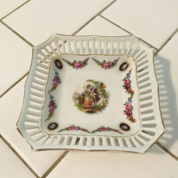 Antique trinket dish Schumann Germany courting couple Rose drapes reticulated Soap trinket pin dish farmhouse display collectible bone china