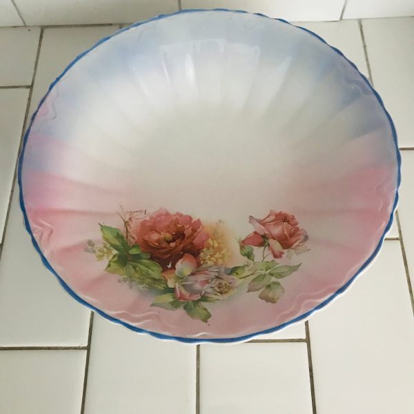 Antique Vegetable Bowl Hand Painted Pink and blue Rose pattern signed Sterling USA collectible display farmhouse cottage