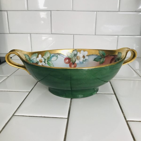 Antique Vegetable Bowl Hand Painted strawberries & blossoms green base heavy gold trim collectible display farmhouse cottage