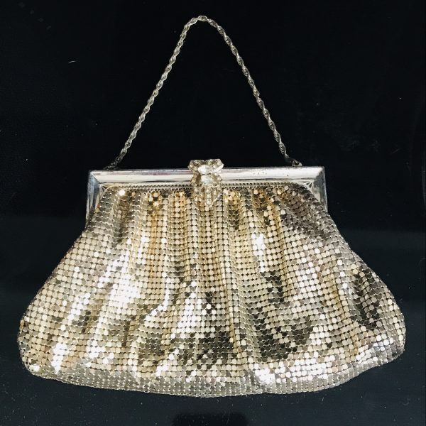Antique Whiting and Davis gold Mesh top handle purse tv theater movie prop collectible display rhinestone closure serial 2896 made in USA