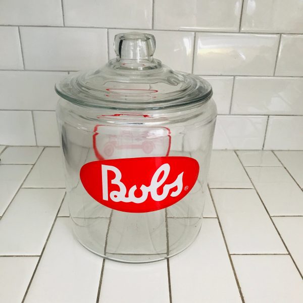 Apothecary Glass Lidded Jar kitchen storage General Store Countertop sales Farmhouse Display Collectible Bob's Candy Co. Advertising