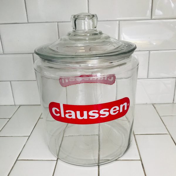 Apothecary Glass Lidded Jar kitchen storage General Store Countertop sales Farmhouse Display Collectible Claussen Advertising Pickles