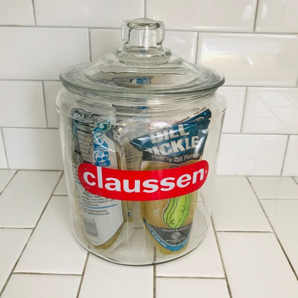 Apothecary Glass Lidded Jar kitchen storage General Store Countertop sales Farmhouse Display Collectible Claussen Advertising Pickles