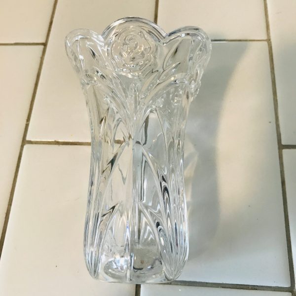 Crystal Small Bud vase with patterned body and roses around top scalloped rim display collectible cottage home