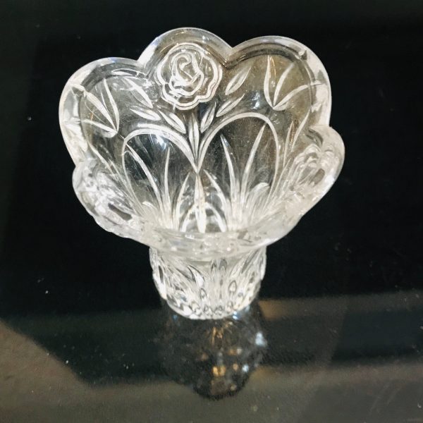 Crystal Small Bud vase with patterned body and roses around top scalloped rim display collectible cottage home
