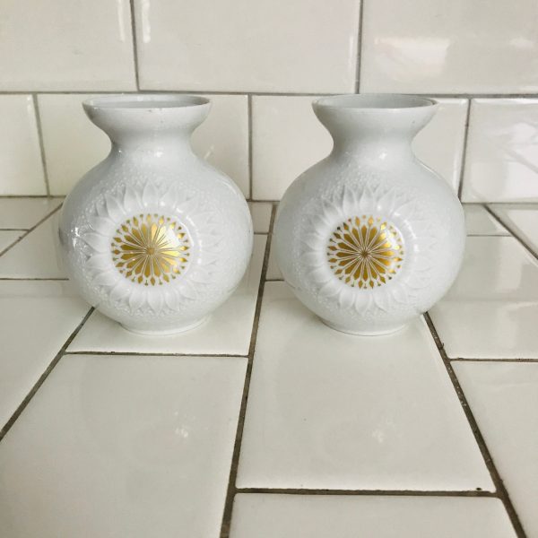 Fine bone china Modern Kaiser Vase & Candlestick holder Combo pair White with gold star pattern collectible MOD Retro Cottage Germany round