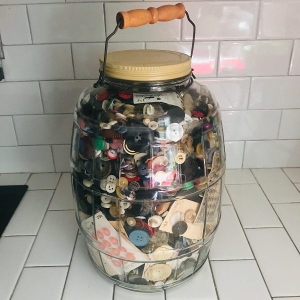 Giant Glass Store Display Pickle Jar full of Buttons vintage & antique glass bakelite collectible laundry room display farmhouse sewinng