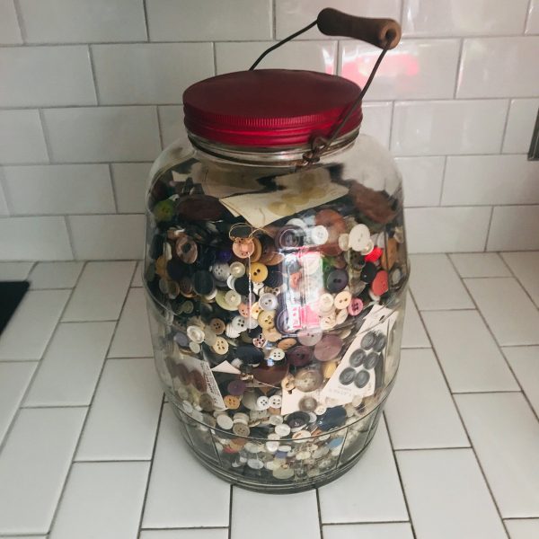 Giant Glass Store Display Pickle Jar full of Buttons vintage & antique glass bakelite collectible laundry room display farmhouse sewinng