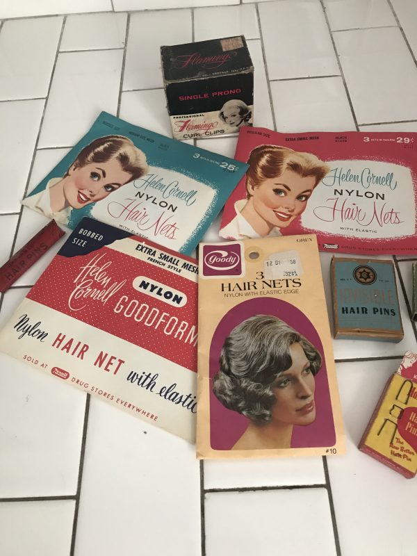 Lot of Vintage Hair Care products bobbie pins and hair nets various ages and items collectible salon decor bathroom decor display