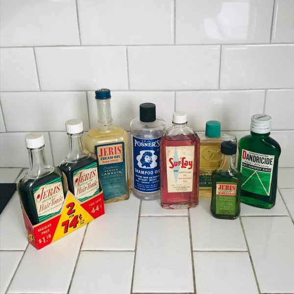 Lot of Vintage Hair Care products Hair tonic, Oil, dressing Dandricide various ages & items collectible salon vintage display decor bathroom