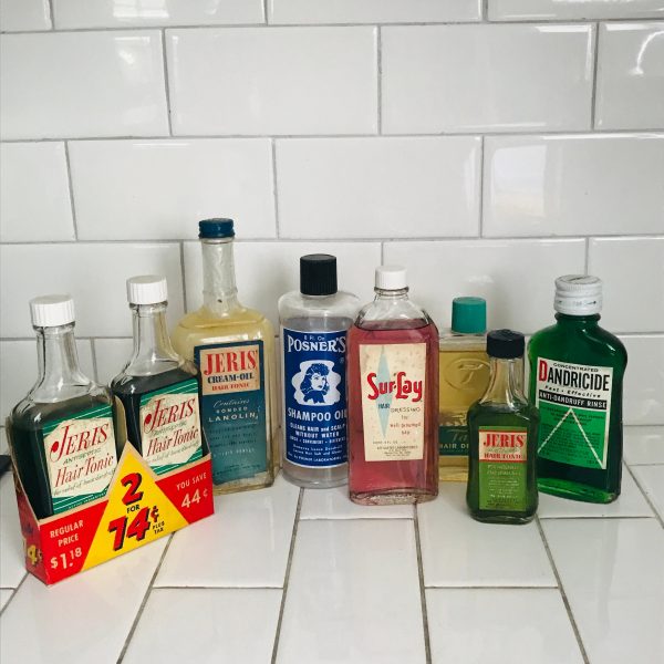 Lot of Vintage Hair Care products Hair tonic, Oil, dressing Dandricide various ages & items collectible salon vintage display decor bathroom