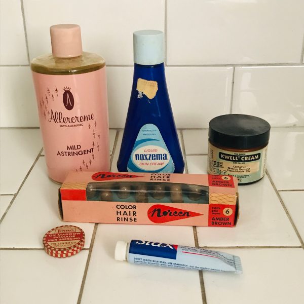 Lot of Vintage vanity products colored rinse q-tips hair pomade various ages and items collectible salon vintage display decor bathroom
