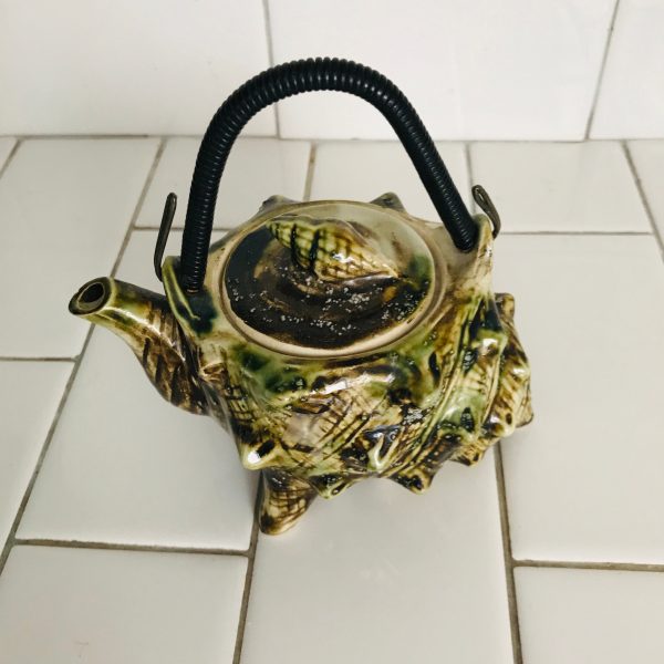 Unique Teapot Antique Wade Pottery shell shaped single serve collectible display farmhouse cottage green brown