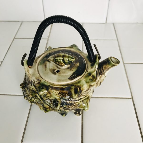 Unique Teapot Antique Wade Pottery shell shaped single serve collectible display farmhouse cottage green brown