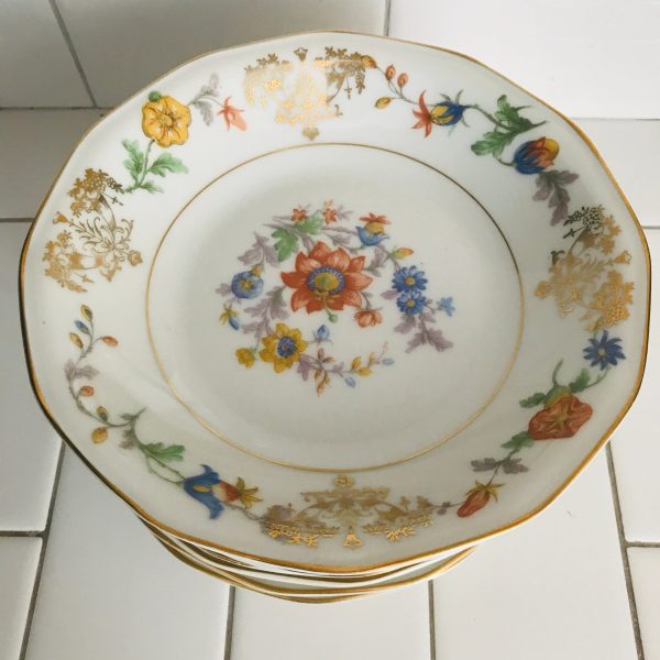 Vintage 10 Limoges Cream soup shallow bowls France 1930's farmhouse collectible china dinnerware bright colored flowers