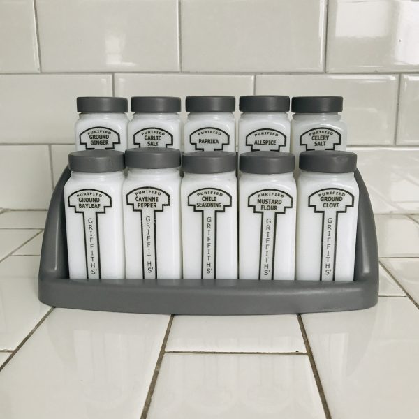 Vintage 1950's Milk Glass Spice Jars spices Rack with 10 Griffiith's Granite gray lids & rack farmhouse display retro kitchen