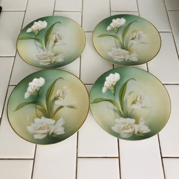 Vintage 4 Hand Painted Snack Plates R.S. Germany Fine Porcelain White Flowers collectible display farmhouse cookies snacks tortes serving