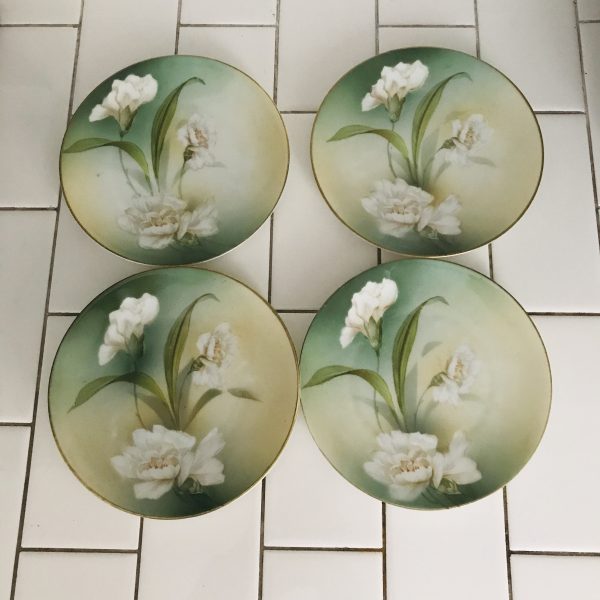 Vintage 4 Hand Painted Snack Plates R.S. Germany Fine Porcelain White Flowers collectible display farmhouse cookies snacks tortes serving