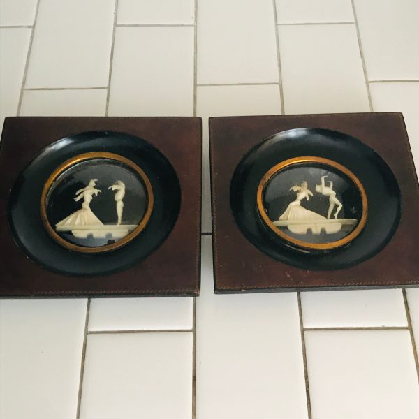 Vintage Art Deco Pair of Carved pictures framed under round convex glass metal trim and wooden wide frames Carved farmhouse collectible