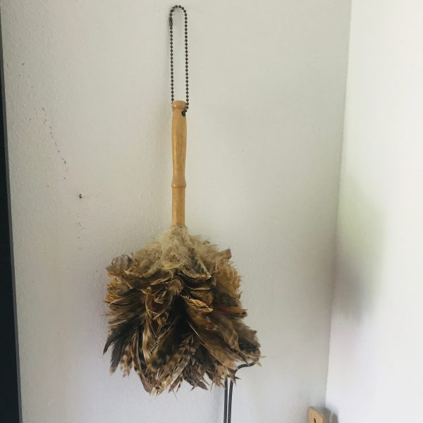 Vintage Authentic Ostrich Feather Duster wooden handle with chain wall decor laundry room decor