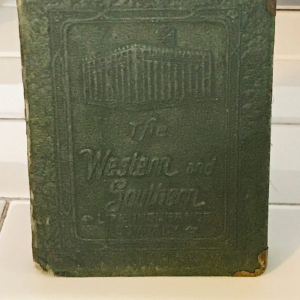 Vintage book bank made for storing money in a secret way metal with lock leather binding The Western and Southern Life insurance company