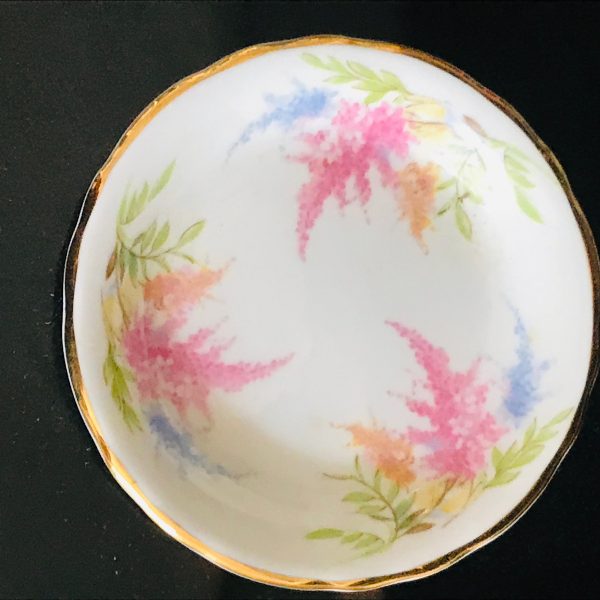 Vintage butter pat trinket dish Pink yellow blue green Royal Chelsea England farmhouse collectible bed & breakfast display fine bone china