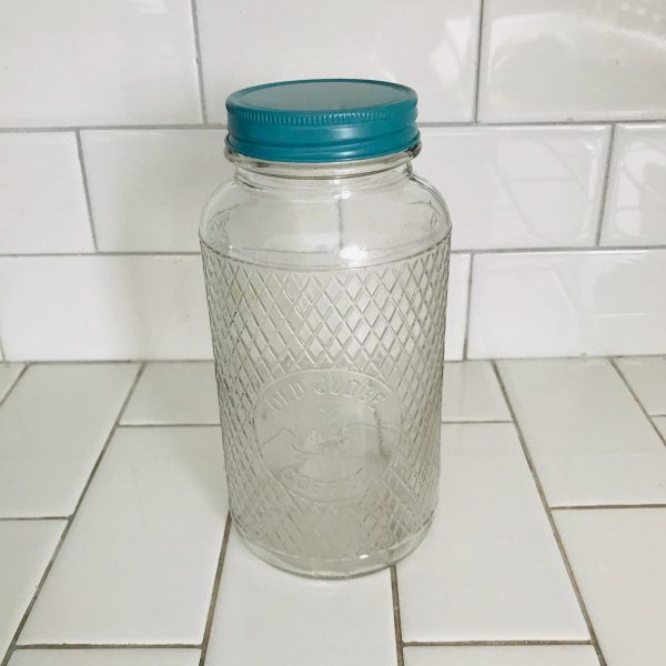 Vintage Canning Jar Old Judge Coffee vintage teal lid Glass jar with coffee counter top storage collectible farmhouse