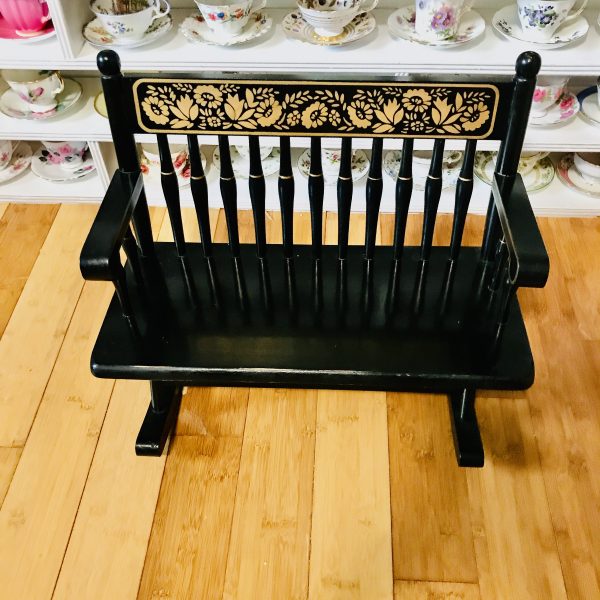 Vintage Doll or Bear Child size Rocking Chair Gift World of Gorham made in Taiwan Wooden black with gold decorative highlights