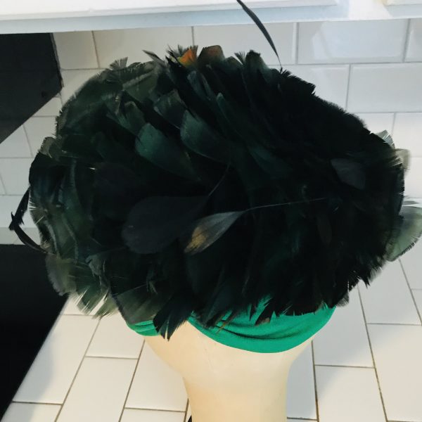 Vintage Feather Hat 1940's B&D New York USA Wydah feathers dark green with stretch rim Stunning Winter Facinator hat
