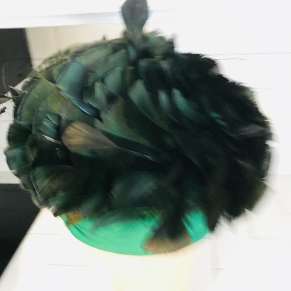 Vintage Feather Hat 1940's B&D New York USA Wydah feathers dark green with stretch rim Stunning Winter Facinator hat