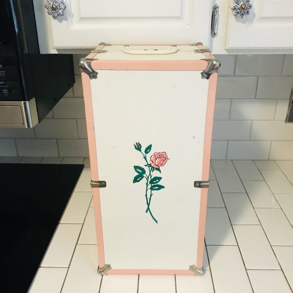 Vintage hard side doll carry case storage travel Rose front white with pink trim Collectible doll display 1960's