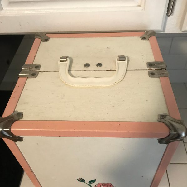 Vintage hard side doll carry case storage travel Rose front white with pink trim Collectible doll display 1960's
