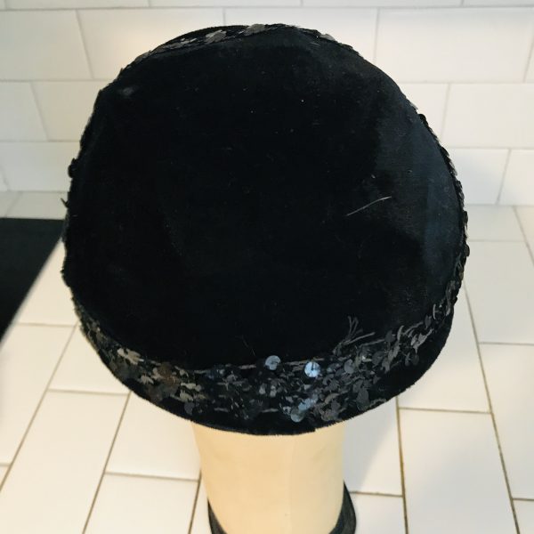 Vintage hat black with sequins Cocktail Hat Cap hairpiece cover velvet bow theater movie prop costume special event mini cap hat