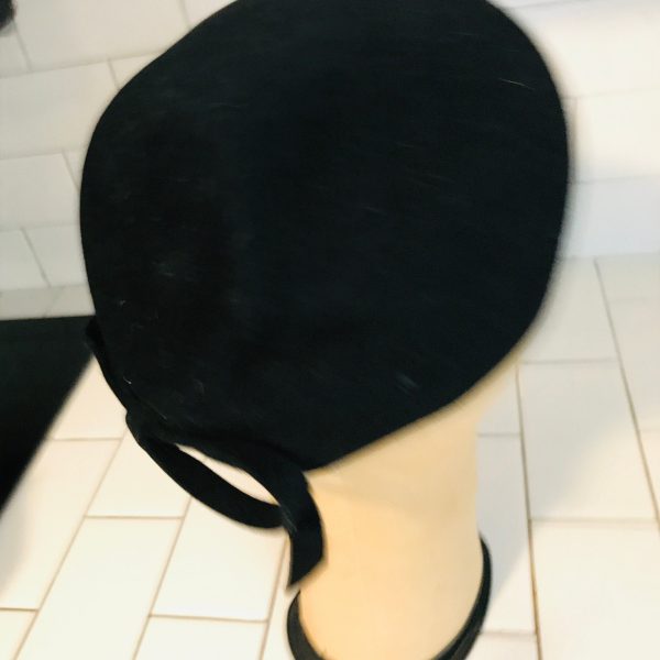 Vintage hat black wool with wool bow Cocktail Hat Cap hairpiece cover velvet bow theater movie prop costume special event mini cap hat