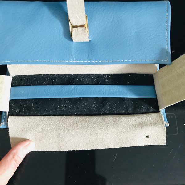 Vintage Jewelry travel case medium blue leather belt type closure zippered sections 1960's collectible display movie prop top grain cowhide