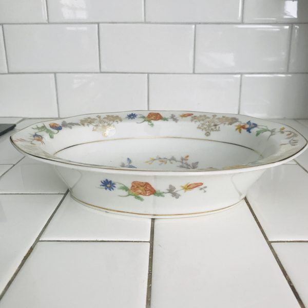 Vintage Limoges Oval Serving Vegetable bowl France 1930's farmhouse collectible china dinnerware bright colored flowers
