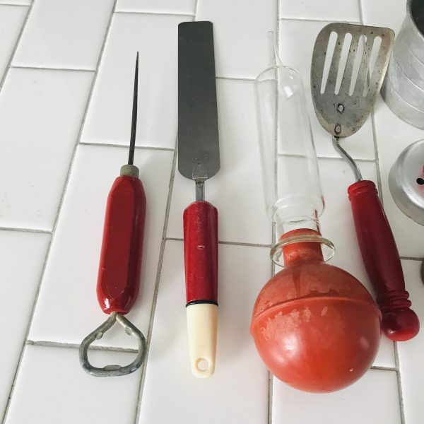 Vintage Lot of Kitchen Gadgets Mid Century Baster spatula measuring cup cookie cutter knife sharpener bottle opener ice pick