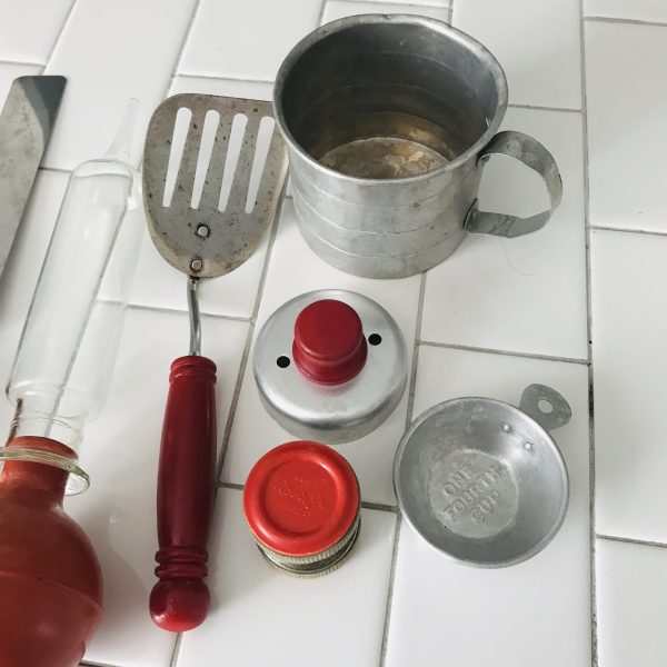 Vintage Lot of Kitchen Gadgets Mid Century Baster spatula measuring cup cookie cutter knife sharpener bottle opener ice pick