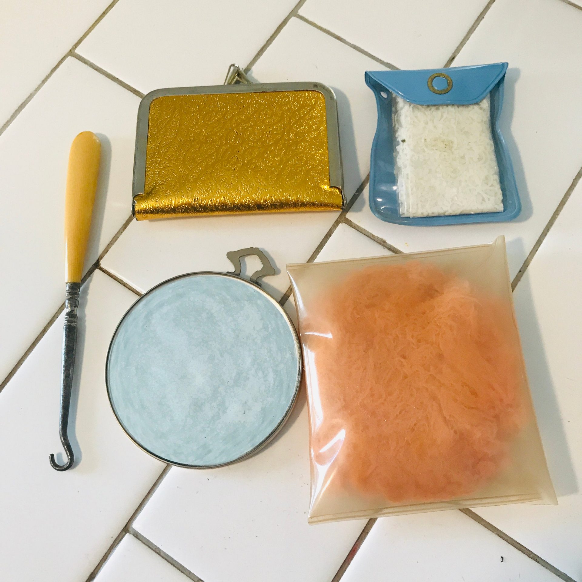 Vintage lot of Vanity items plastic rain scarf powder puff double
