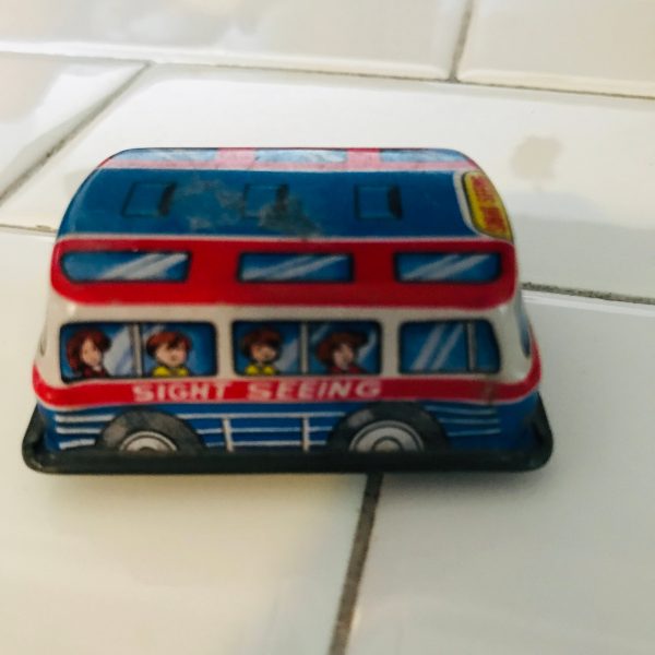 Vintage miniature friction car Japan 1950's Sight Seeing bus tin litho collectible display toy